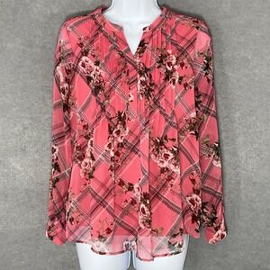 Charter Club Top Womens Petite‎ Sz S Floral Pink Plaid Pintuck Career Feminine